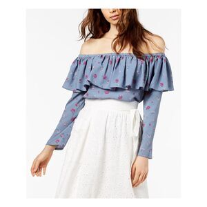 JILL STUART Womens Blue Floral Ruffle Off The S Long Sleeve Off Shoulder Top XS